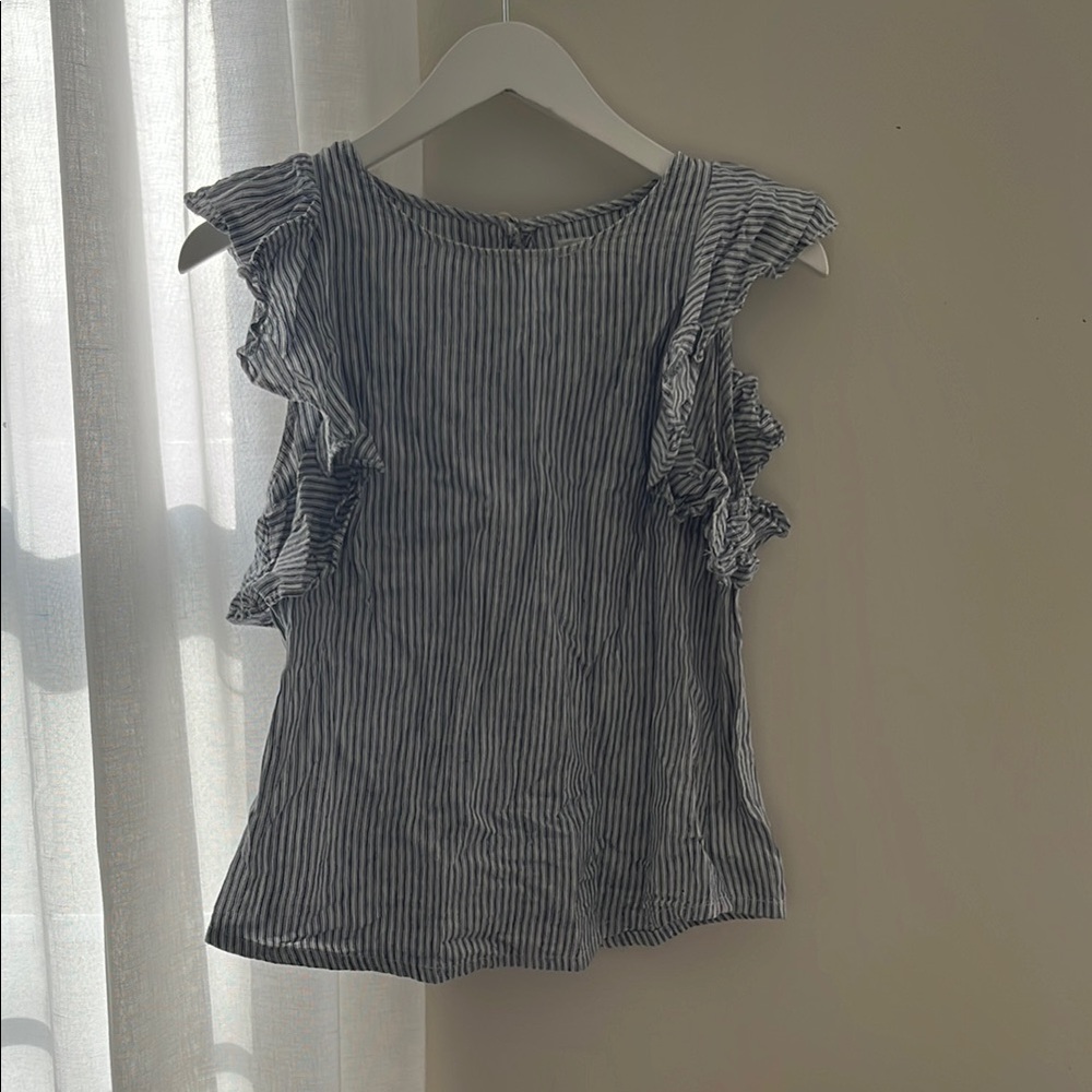 Striped Ruffle Sleeve Top - Blue and White
